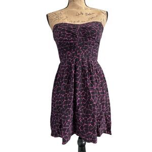EUC Anthropologie Charlie Jade Strapless Silk Mini Dress Black Purple Mosaic Pri
